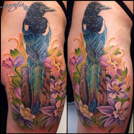 Melissa Fusco - WIP Magpie bird with Columbines